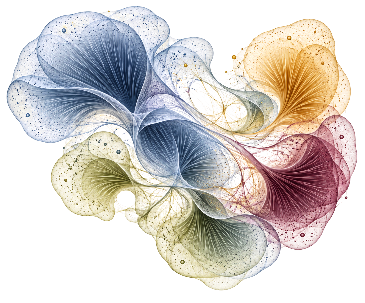 Abstract flowing shapes in blue, yellow, green and red